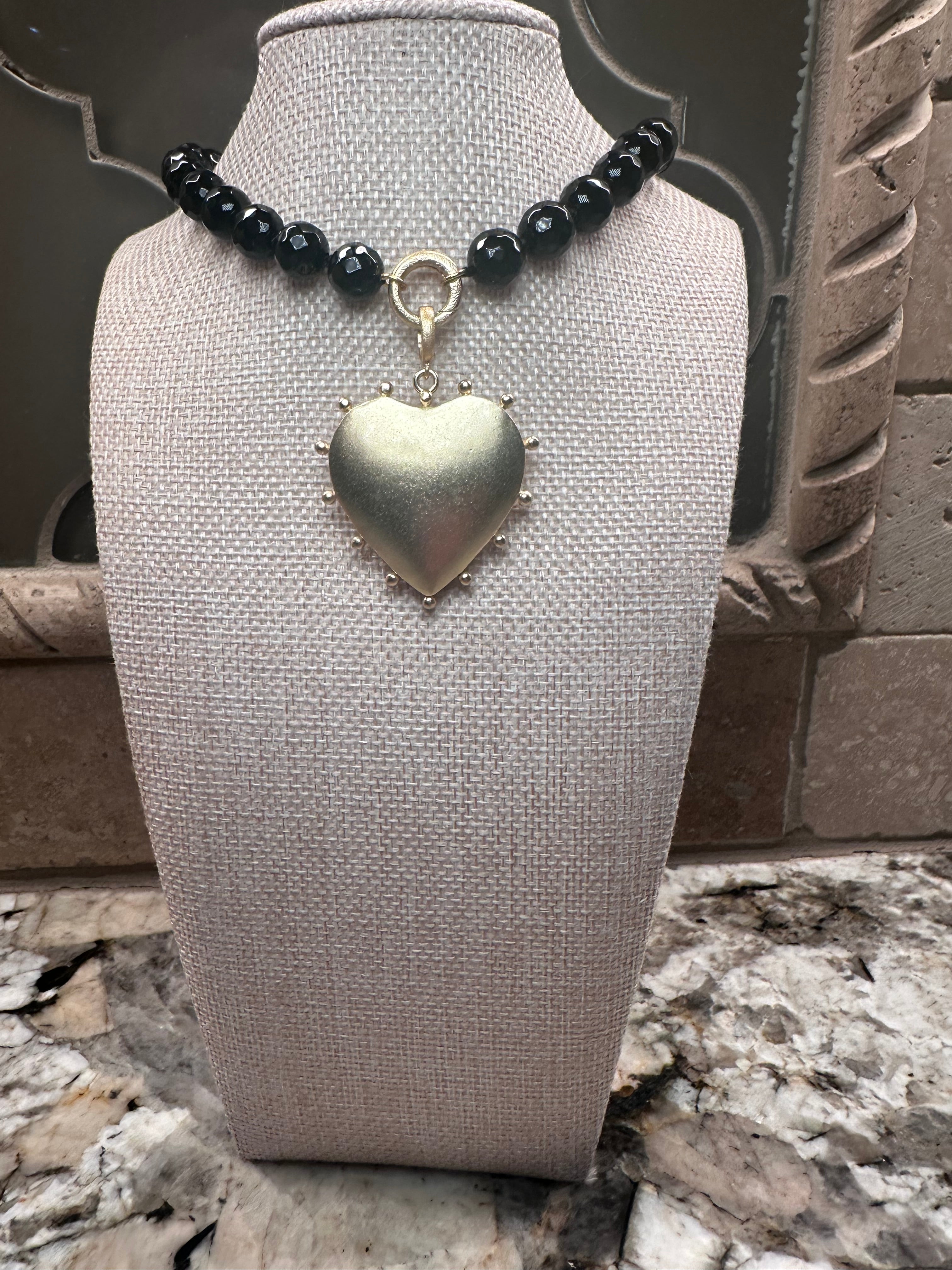 Black Beaded Necklace w/ Beaded Heart Charm - 2 Sided (Magnetic Closure)