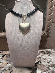 Black Beaded Necklace w/ Beaded Heart Charm - 2 Sided (Magnetic Closure)