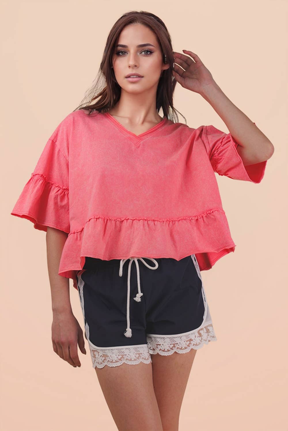 Mineral Washed Ruffle Detail Knit Top - 2 COLORS