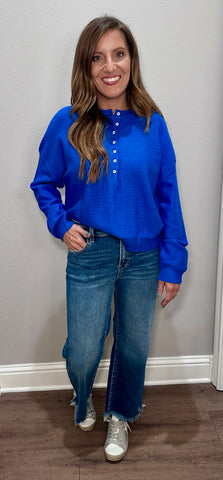 Blue Henley Button Up Lightweight Sweater