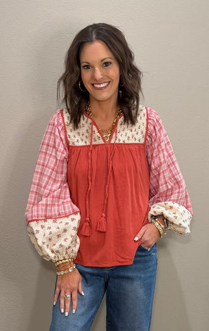 Coral Mixed Media Smocked Detail Top