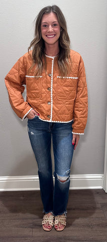 Terrracotta Lightweight Quilted Jacket w/ scalloped trim