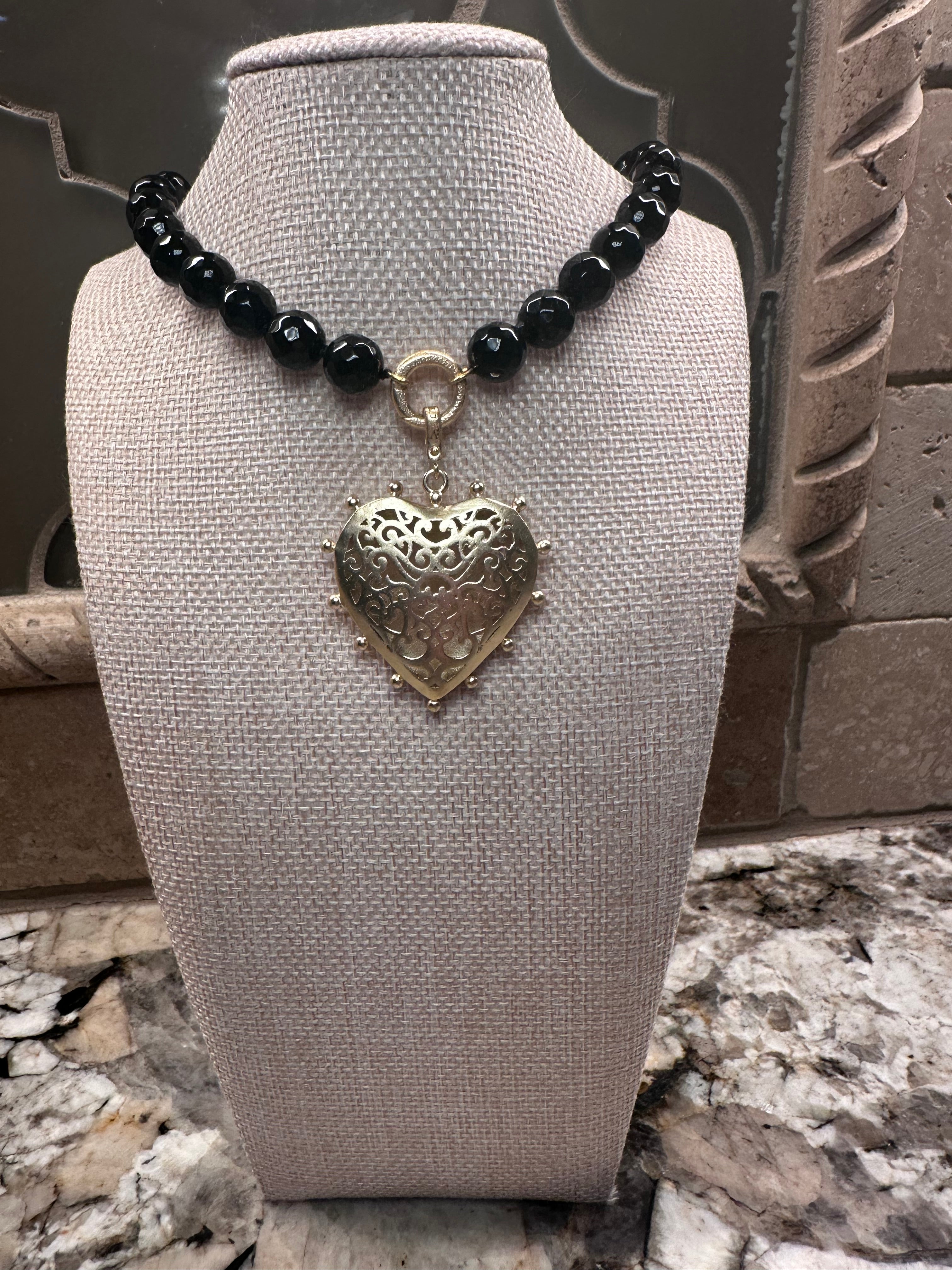Black Beaded Necklace w/ Beaded Heart Charm - 2 Sided (Magnetic Closure)