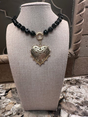 Black Beaded Necklace w/ Beaded Heart Charm - 2 Sided (Magnetic Closure)