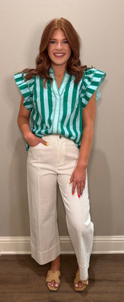 Light Blue & Green Striped Flutter Sleeve Top