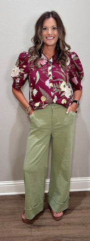 Merlot Floral Button Down Top w/ Puff Sleeve