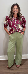 Merlot Floral Button Down Top w/ Puff Sleeve