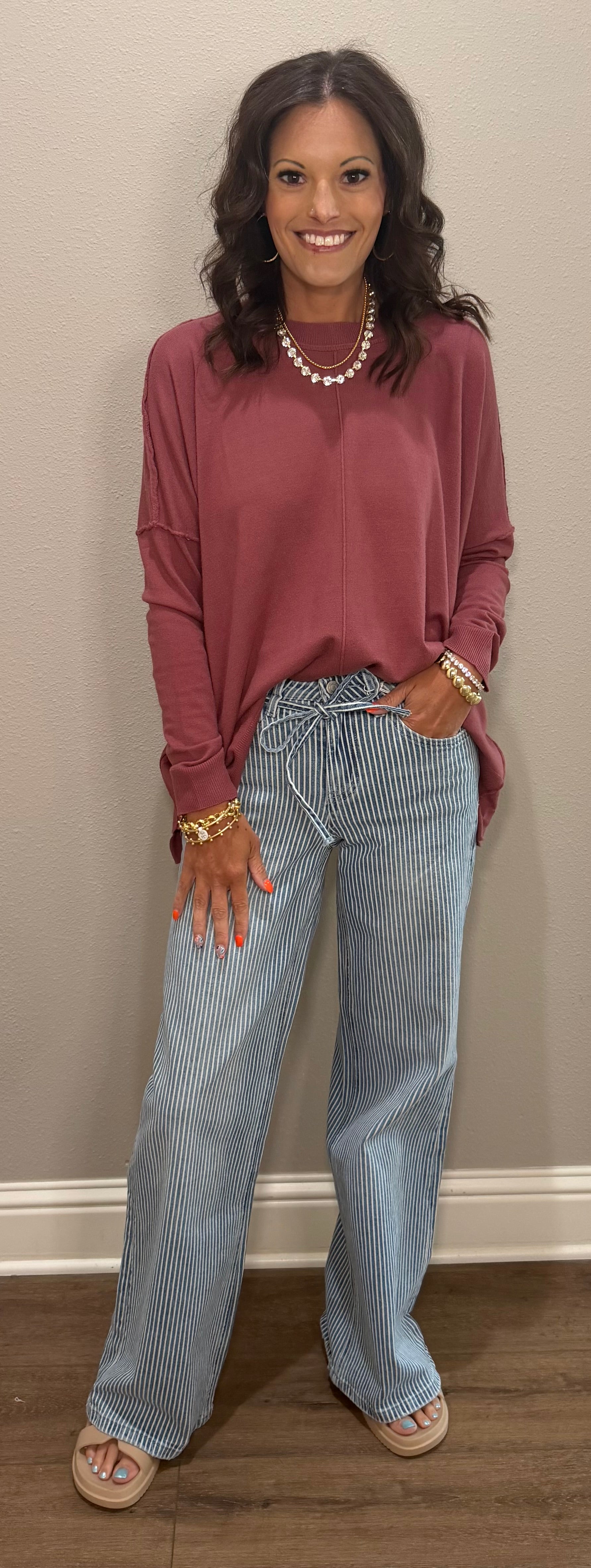 Denim Striped High Rise Wide Leg w/ Tie Pants