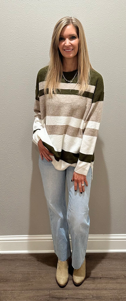 Olive Multi Stripe Lightweight Sweater