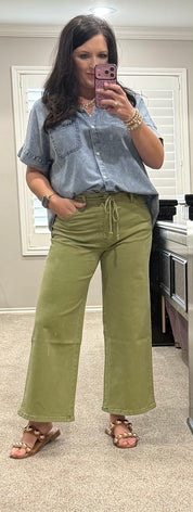 Olive High Rise Cropped Wide Leg Jeans w/ Drawstring