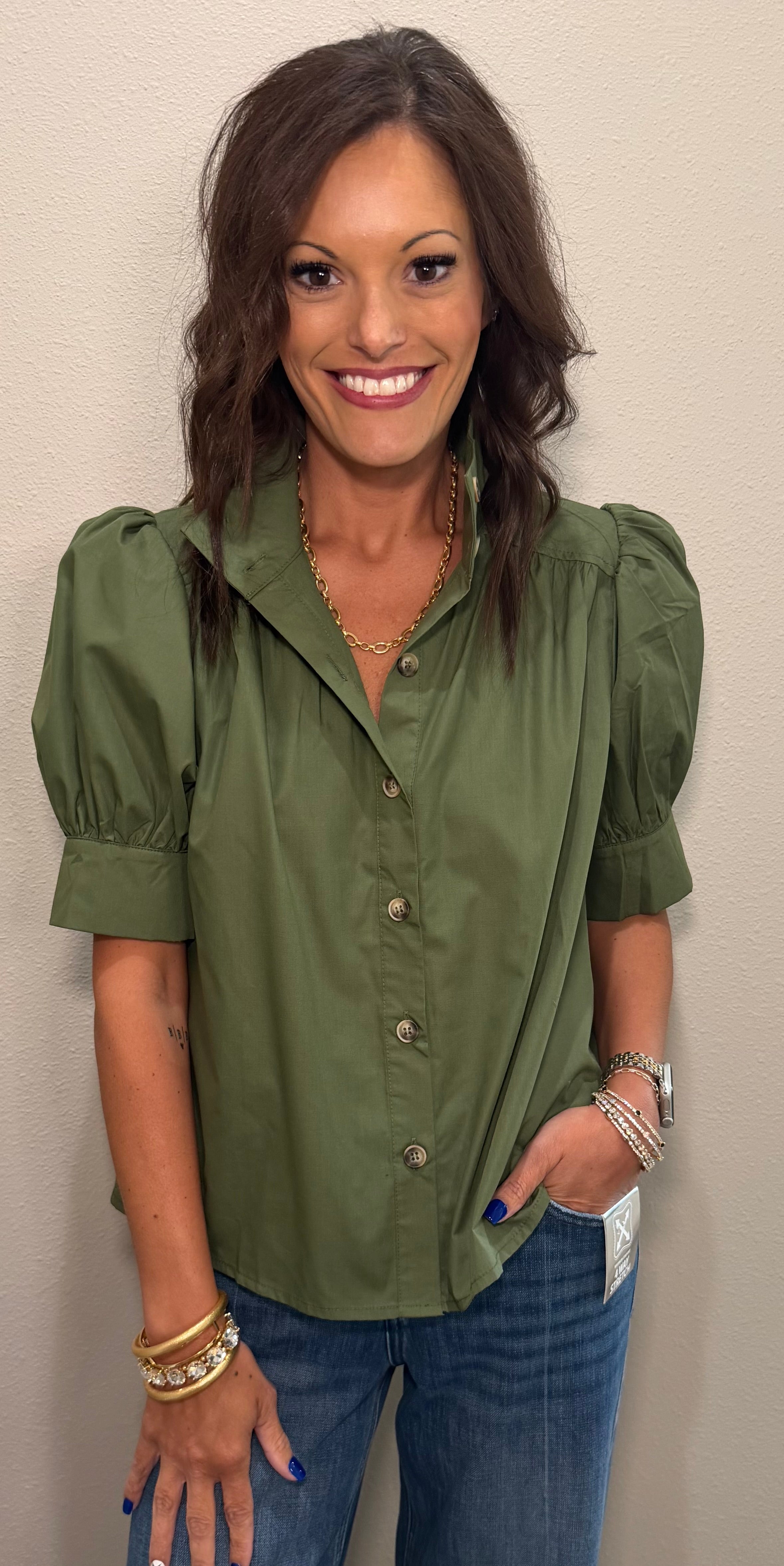 Olive Short Sleeve Puff Button Down Top