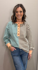 Jade/Oatmeal Color Trimmed Stripe Top