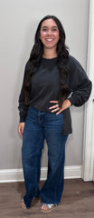 Washed Black Oversized Long Sleeve Top w/ Side Slit