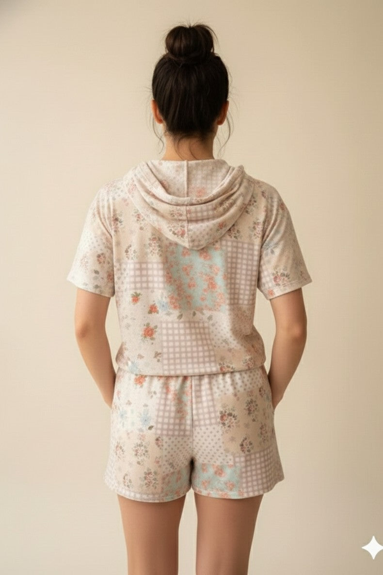 Floral Patchwork Hooded Short Set