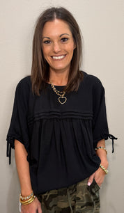 Black 3 Crinkle Tie Sleeve Top