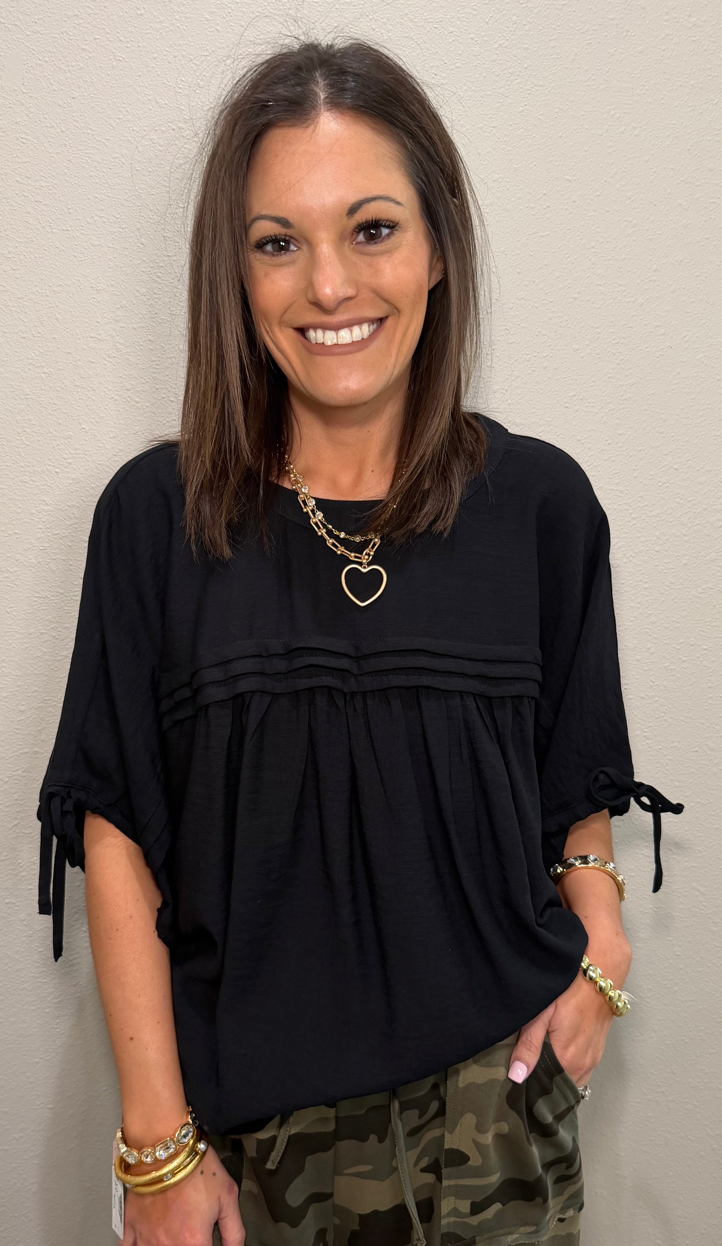 Black 3 Crinkle Tie Sleeve Top