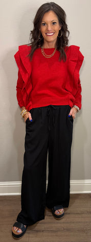 Red Knit Lightweight Sweater Top w/ Ruffle Detailing