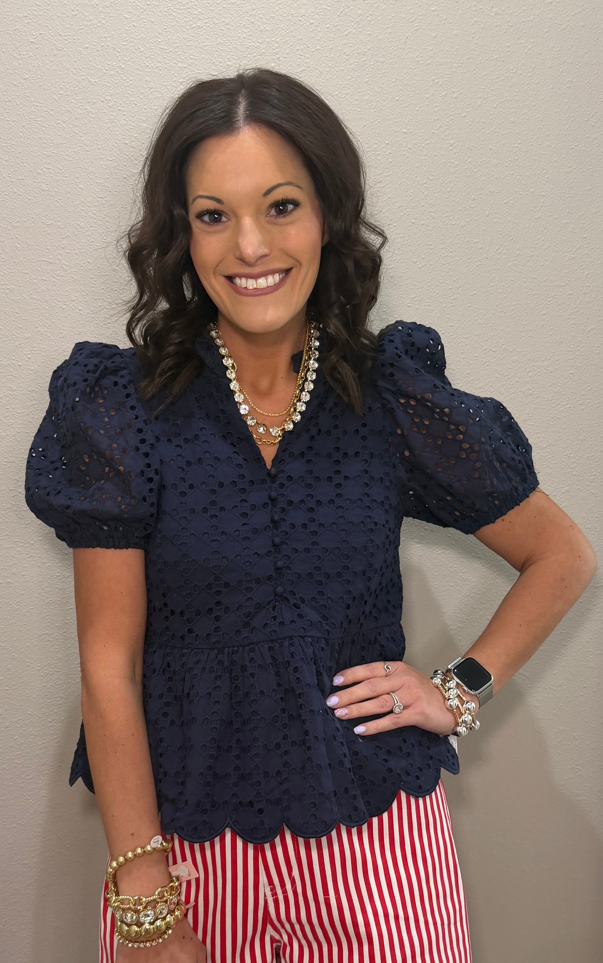 Navy Eyelet Embroidered Top