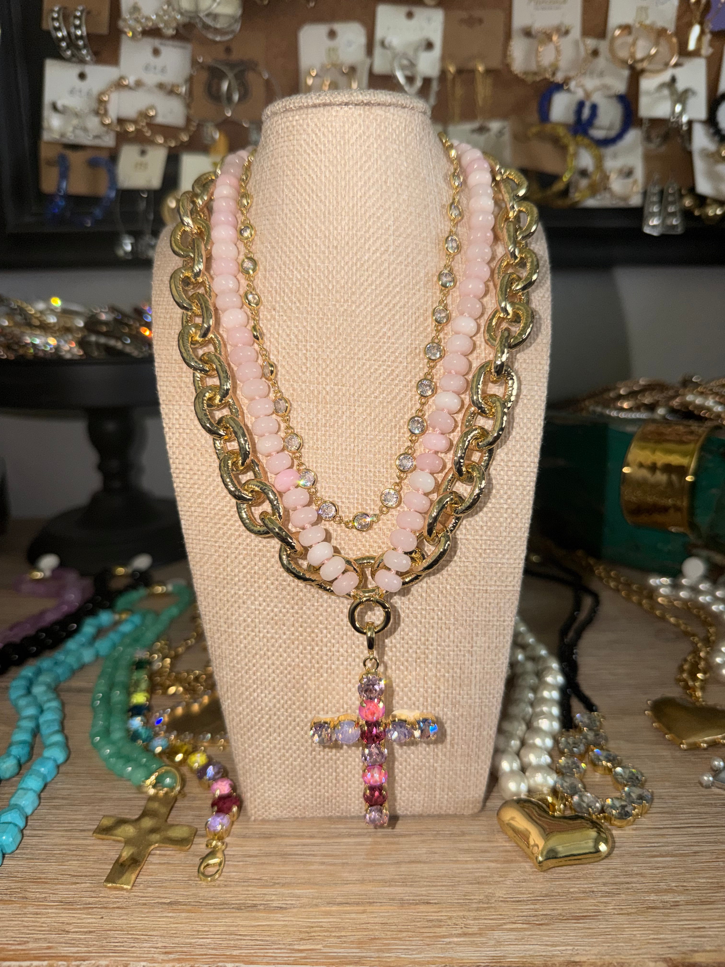Pink Cross Necklace Stack