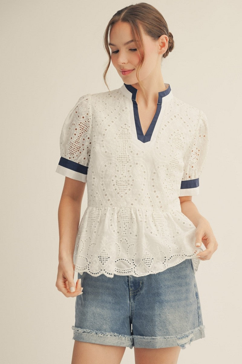 White Eyelet Peplum Top w/ Navy Trim Detailing