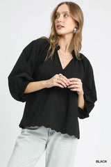 Black Balloon Sleeve V-Neck Top w/ Scalloped Hem