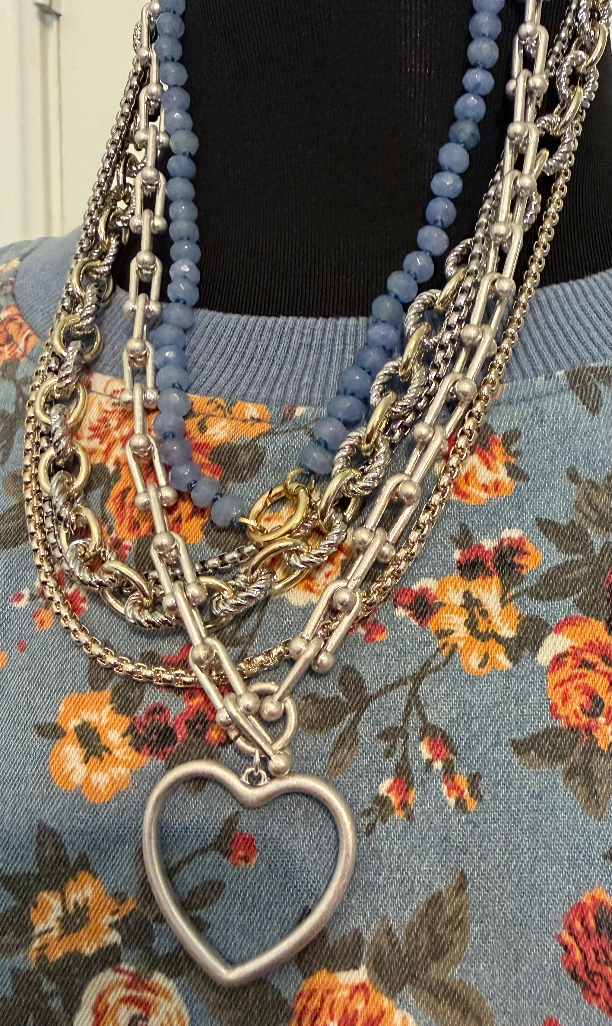 Silver Heart w/ Blue Accent Necklace Stack