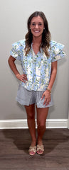 Blue Multi Floral Top w/ Flutter Sleeve