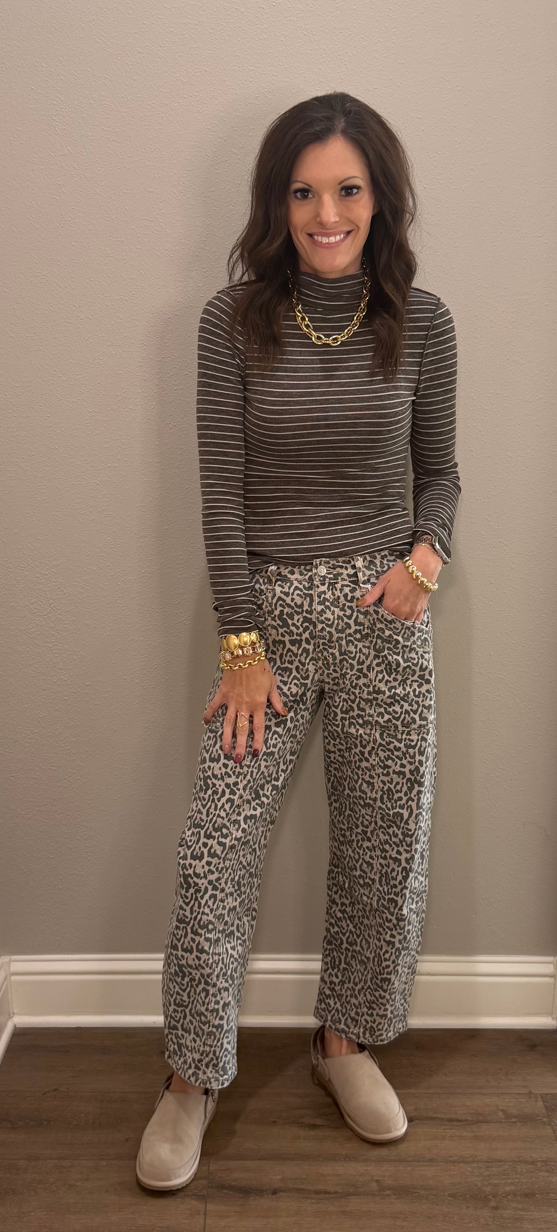 Brown Striped Mock Neck Long Sleeve Top