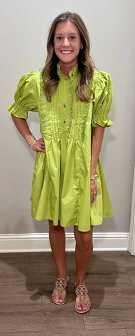 Chartreuse Puff Sleeve Dress w/ Frill Chest Details