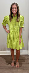 Chartreuse Puff Sleeve Dress w/ Frill Chest Details