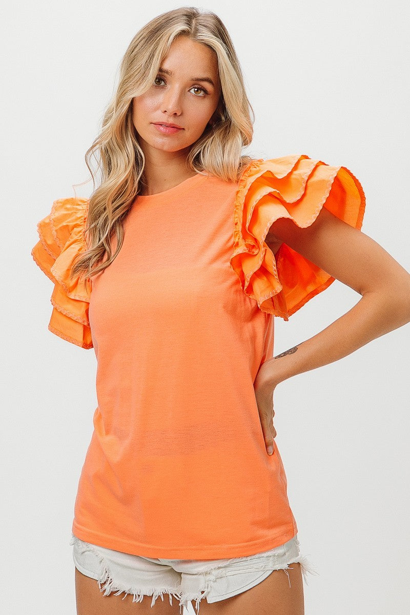 Apricot Knit Top w/ Ruffle Tiered Sleeves