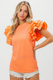 Apricot Knit Top w/ Ruffle Tiered Sleeves