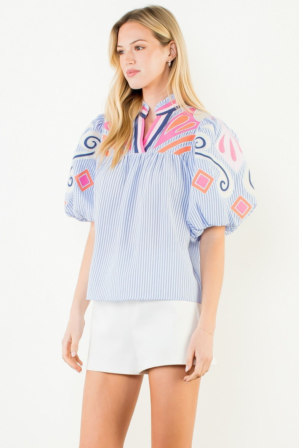 THML Blue Striped Embroidered Puff Sleeve Top