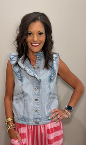 Vintage Washed Ruffle Detail Denim Vest