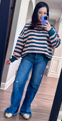 Teal/Pink Stripped Lettuce Hem Lightweight Sweatshirt