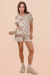 Taupe Mix Checkered Knit Top