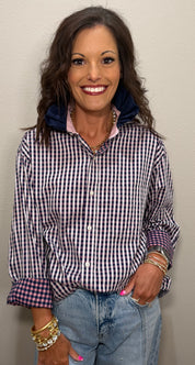 Pink/Navy Plaid w/ Navy Eyelet Ruffle Collar