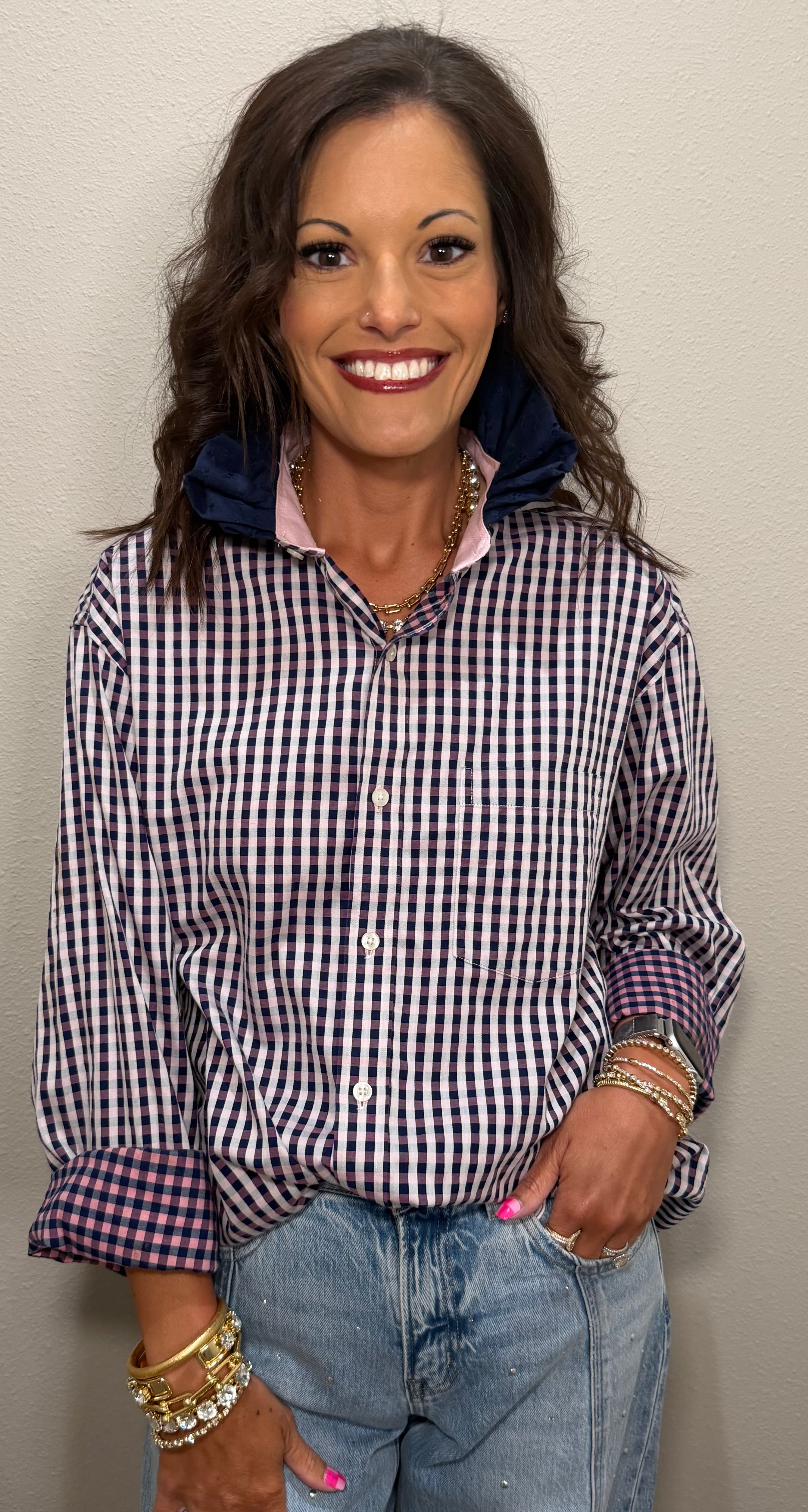 Pink/Navy Plaid w/ Navy Eyelet Ruffle Collar
