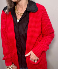 Waffle Knit Cardigan - Black & Red