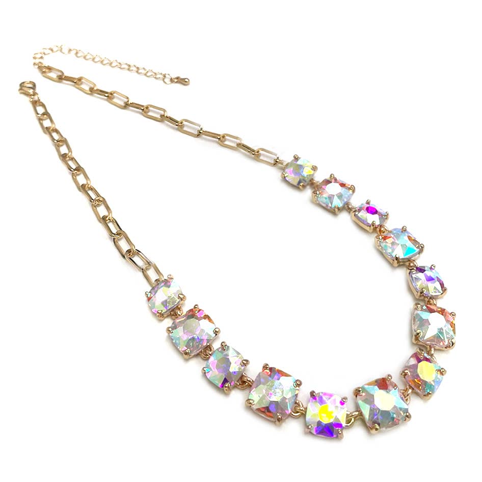 Cushion Cut Square Glass Crystal Linked Chain Necklace