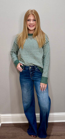 Sage & Cream Checker/Striped Sleeve Knit Sweater