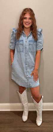 Ruffle Shoulder Detailed Chambray Button Down Dress
