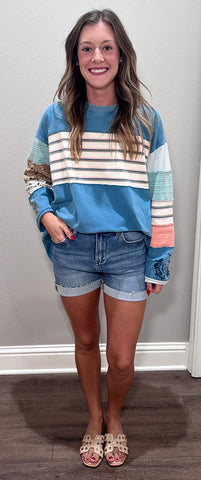 Faded Teal Mixed Patchwork Long Sleeve Top