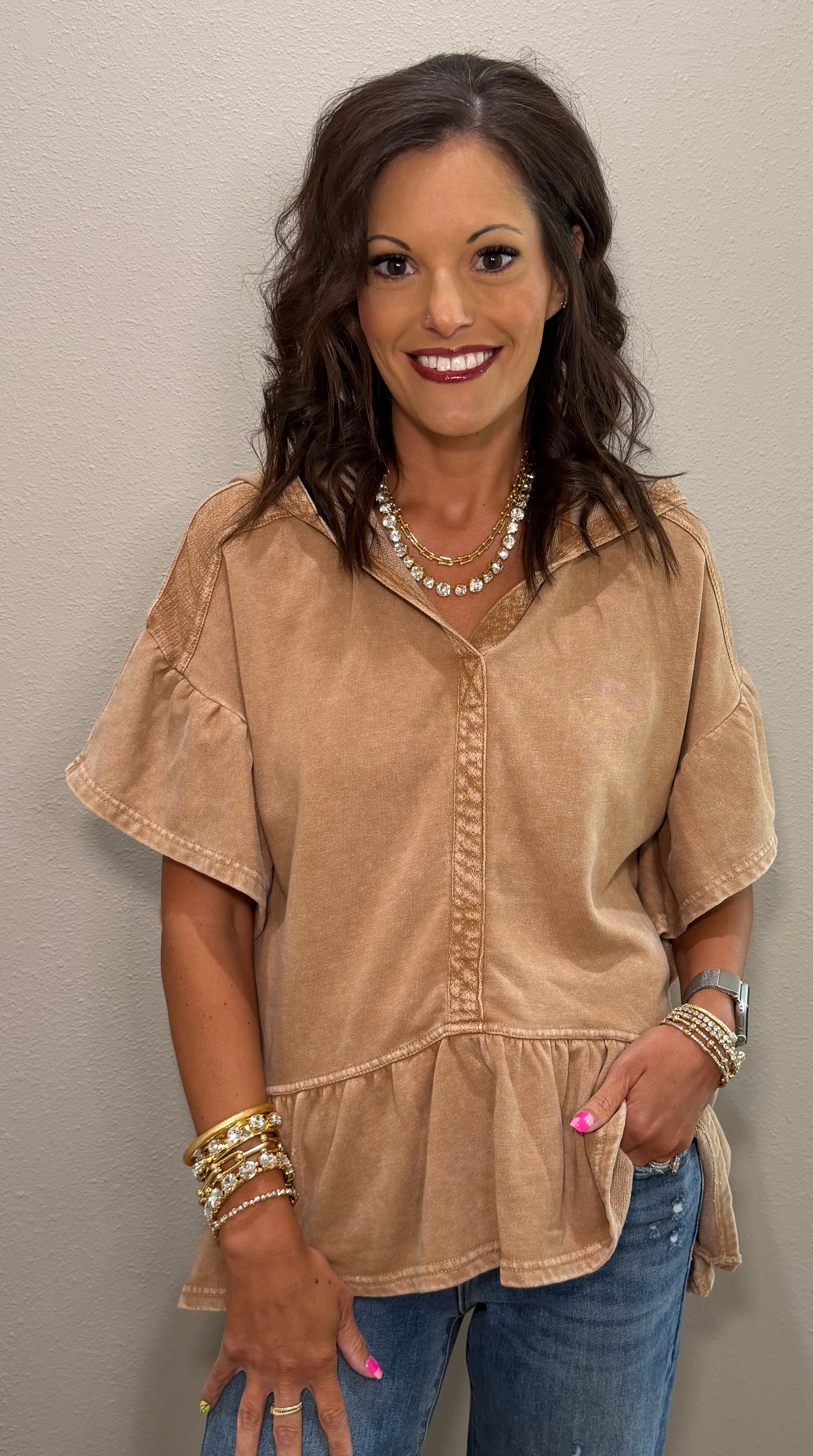 Light Mocha French Terry Ruffle Hem Hooded Pullover Top