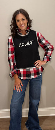 Red/Black/White Checkered Ruffle Collar Button Down Top