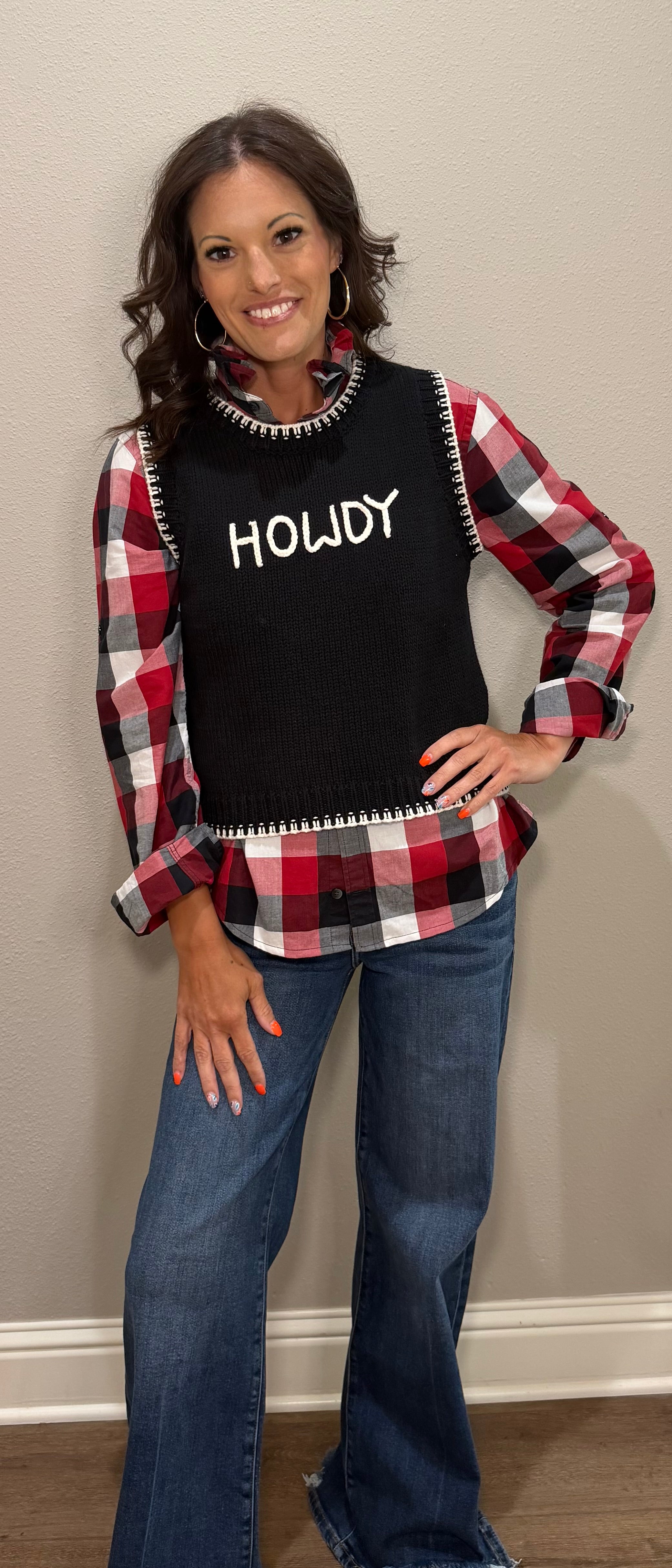 Red/Black/White Checkered Ruffle Collar Button Down Top