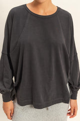 Washed Black Oversized Long Sleeve Top w/ Side Slit