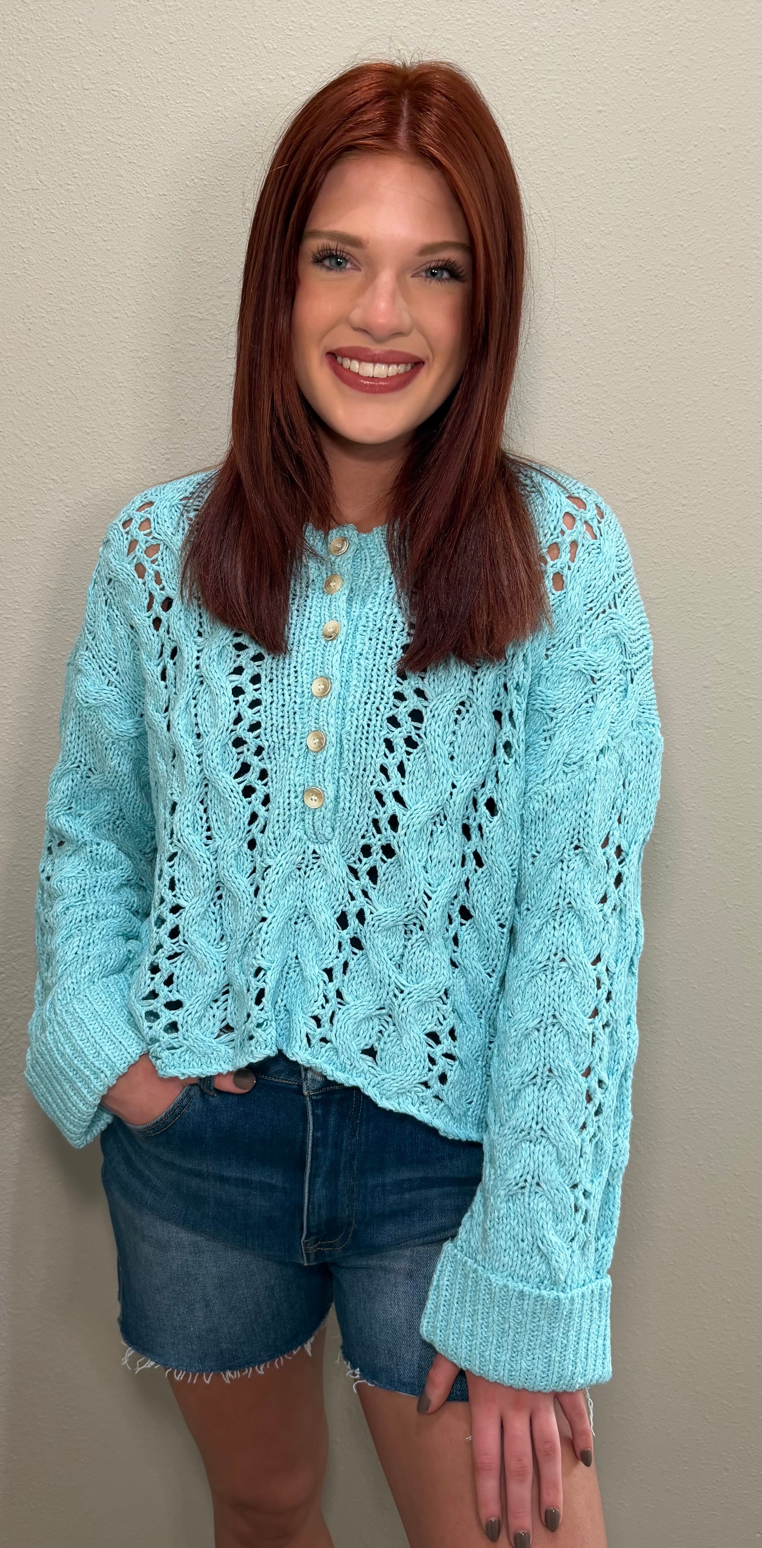 Sky Blue Open Knit Long Sleeve Lightweight Sweater Top