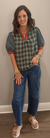 Sage Stripe Denim Sleeve Houndstooth Tweed Top
