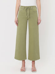 Olive High Rise Cropped Wide Leg Jeans w/ Drawstring